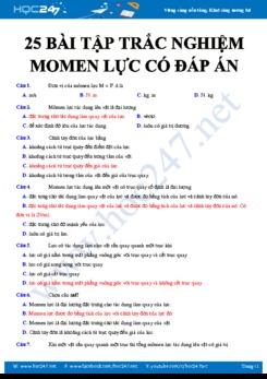 25 bài tập trắc nghiệm về Momen lực có đáp án chi tiết môn Vật lý 10 năm 2020