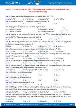 100 Bài tập chuyên đề Nguyên tử môn Hóa học 10 năm 2019-2020 Trường THPT Nguyễn Trường Thọ
