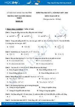Đề thi HK1 môn Toán 10 năm học 2019 - 2020 có đáp án Trường THPT Nguyễn Trung Thiên