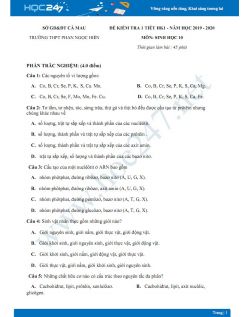 Đề kiểm tra 1 tiết HK1 môn Sinh học 10 năm 2019-2020 - Trường THPT Phan Ngọc Hiển có đáp án