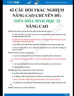62 Câu hỏi trắc nghiệm nâng cao ôn tập chuyên đề Tiến hóa Sinh học 12 nâng cao