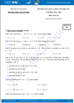 Đề thi HK1 môn Toán 11 năm học 2019 - 2020 Trường THPT Nguyễn Huệ