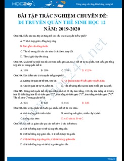 45 Bài tập trắc nghiệm ôn tập chuyên đề Di truyền quần thể Sinh học 12 năm 2020 - Trường THPT Vĩnh Yên có đáp án