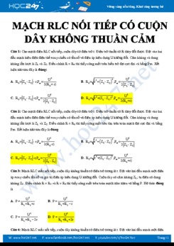 Bài tập trắc nghiệm Vật lý 12 về mạch RLC nối tiếp có cuộn dây không thuần cảm năm 2020 có đáp án