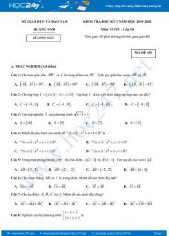 Đề thi HK1 môn Toán 10 năm học 2019 - 2020 có đáp án Sở GD & ĐT Quảng Nam