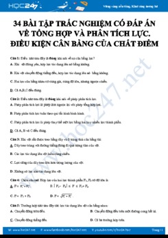 34 bài tập trắc nghiệm có đáp án về Tổng hợp và phân tích lực. Điều kiện cân bằng của chất điểm
