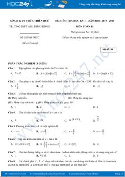 Đề thi HK1 môn Toán 11 năm học 2019 - 2020 Trường THPT Lương An Đông