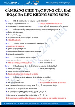 Trắc nghiệm Vật lý 10 có đáp án về cân bằng chịu tác dụng của hai hoặc ba lực không song song năm 2020