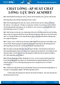 Bài tập nâng cao Vật lý 8 về Chất lỏng-Áp suất chất lỏng- Lực đẩy Acsimet năm 2020 có lời giải chi tiết