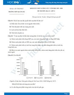 Đề KSCL môn Địa lí lớp 11 năm 2019-2020 - Trường THPT Quang Hà có đáp án