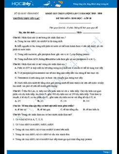 Đề KSCL môn Sinh học lớp 10 năm 2019-2020 - Trường THPT Yên Lạc lần 2 có đáp án