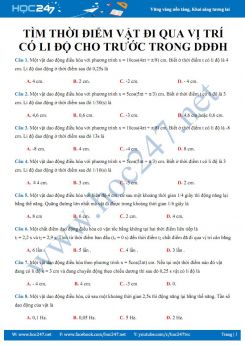 Bài tập trắc nghiệm Tìm thời điểm vật đi qua vị trí có li độ cho trước trong Dao động điều hòa