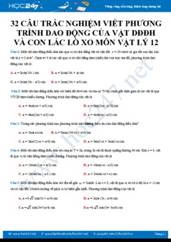 32 câu trắc nghiệm viết phương trình dao động của vật DĐĐH và con lắc lò xo môn Vật lý 12 năm 2020