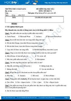 Đề thi HK2 môn Tin 9 năm 2019 Trường THCS Đak Năng có đáp án