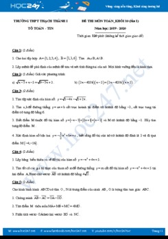 Đề thi môn Toán 10 năm học 2019 - 2020 có đáp án Trường THPT Thạch Thành lần 1