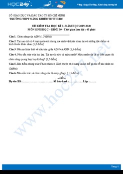 Đề kiểm tra HK1 môn Sinh học lớp 10 năm 2019-2020 - Trường THPT Năng khiếu TDTT huyện Bình Chánh có đáp án