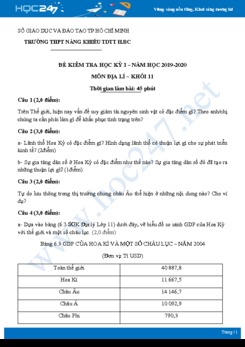 Đề kiểm tra HK1 môn Địa lí lớp 11 năm 2019-2020 - Trường THPT Năng khiếu TDTT huyện Bình Chánh có đáp án