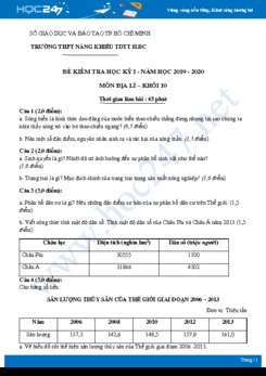 Đề kiểm tra HK1 môn Địa lí lớp 10 năm 2019-2020 - Trường THPT Năng khiếu TDTT huyện Bình Chánh có đáp án