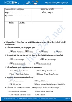 Đề kiểm tra 1 tiết môn Tin 7 năm 2019 Trường THCS Định Thành