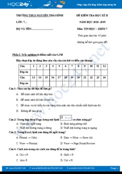 Đề kiểm tra 1 tiết môn Tin 7 năm 2019 Trường THCS Nguyễn Thái Bình có đáp án