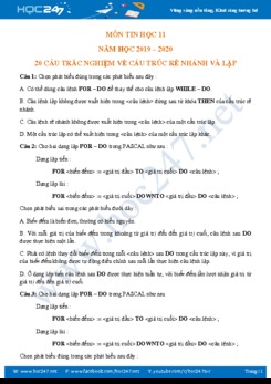 20 Câu trắc nghiệm về Cấu trúc rẽ nhánh và lặp môn Tin 11 năm 2019