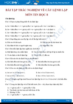 Bài tập trắc nghiệm về câu lệnh lặp môn Tin 8 năm 2019
