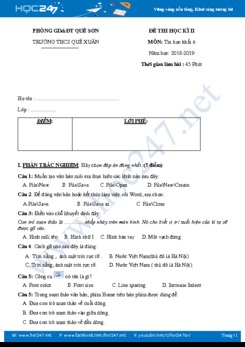 Đề thi HK2 môn Tin 6 năm 2019 Trường THCS Quế Sơn