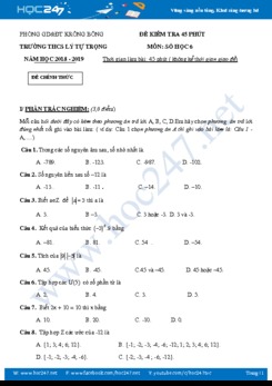 Đề kiểm tra 1 tiết Chương 2 năm 2019 Số học 6 Trường THCS Lý Tự Trọng có đáp án
