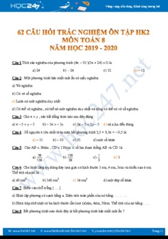 62 câu trắc nghiệm ôn tập HK2 môn Toán 8 năm 2019