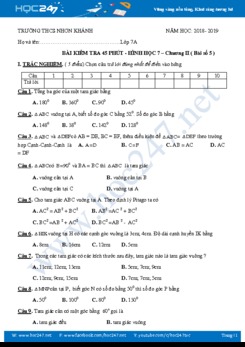 Đề kiểm tra 1 tiết Chương 2 Hình học 7 năm 2019 Trường THCS Nhơn Khánh