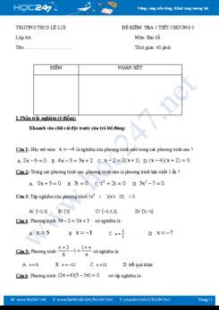 Đề kiểm tra 1 tiết Chương 3 Đại số 8 năm học 2019 Trường THCS Lê Lợi