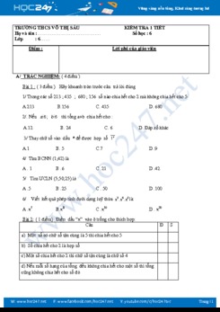 Đề kiểm tra 1 tiết Chương 2 năm 2019 Số học 6 Trường THCS Võ Thị Sáu có đáp án