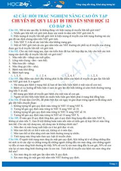 62 Câu hỏi trắc nghiệm nâng cao ôn tập chuyên đề Quy luật di truyền Sinh học 12 có đáp án