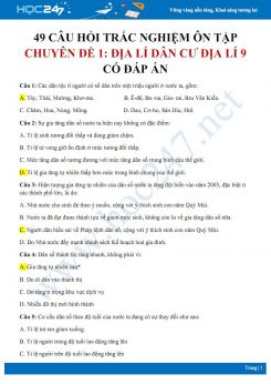 49 Câu hỏi trắc nghiệm ôn tập chuyên đề 1 - Địa lí dân cư Địa lí 9 có đáp án