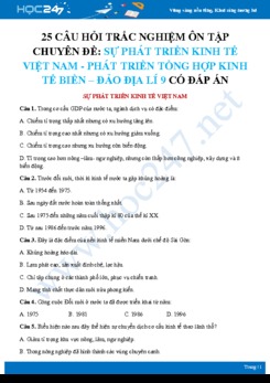 25 Câu hỏi trắc nghiệm ôn tập chuyên đề - Sự phát triển kinh tế Việt Nam và phát triển tổng hợp kinh tế Biển - Đảo Địa lí 9