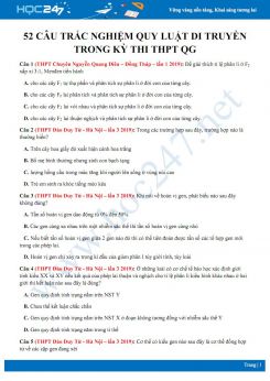 52 Câu trắc nghiệm ôn tập Quy luật di truyền trong kỳ thi THPT QG môn Sinh có lời giải chi tiết