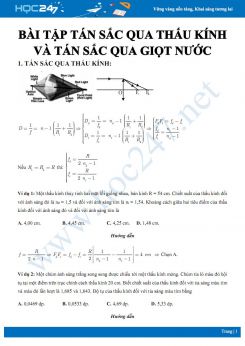 Bài tập về Tán sắc qua thấu kính và tán sắc qua giọt nước có đáp án môn Vật lý 12