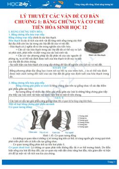 Lý thuyêt Các vấn đề cơ bản Chương 1: Bằng chứng và Cơ chế tiến hóa Sinh học 12