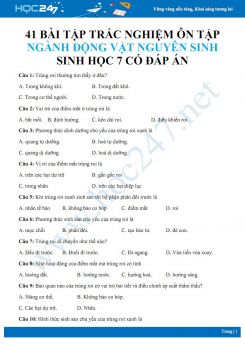 41 Bài tập trắc nghiệm ôn tập Ngành động vật nguyên sinh Sinh học 7 có đáp án