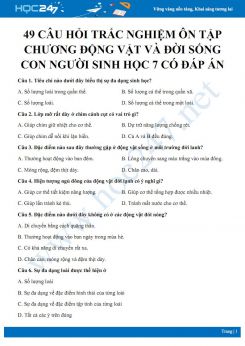 49 Câu hỏi trắc nghiệm ôn tập Chương: Động vật và đời sống con người Sinh học 7 có đáp án