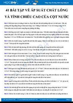 41 bài tập về Áp suất chất lỏng và tính chiều cao của cột nước môn Vật lý 8