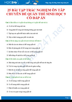 25 Bài tập trắc nghiệm ôn tập chuyên đề Quần thể sinh vật Sinh học 9