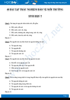 40 Bài tập trắc nghiệm ôn tập Chương Bảo vệ môi trường Sinh học 9 có đáp án