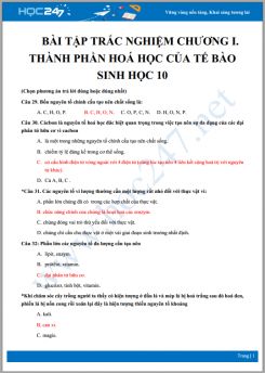 Bài tập trắc nghiệm ôn tập Chương I Thành phần hóa học của tế bào Sinh học 10 có đáp án