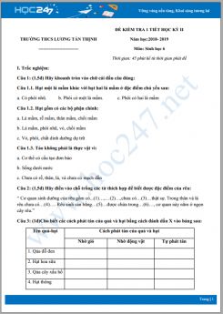 Đề kiểm tra giữa HK2 môn Sinh học 6 năm 2019 - Trường THCS Lương Tấn Thịnh có đáp án