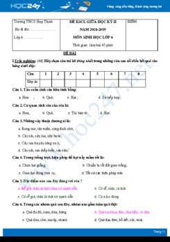 Đề kiểm tra giữa HK2 môn Sinh học 6 năm 2019 - Trường THCS Hợp Thịnh có đáp án