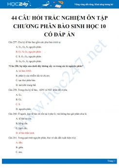 44 Câu hỏi trắc nghiệm ôn tập chương Phân bào Sinh học 10 có đáp án