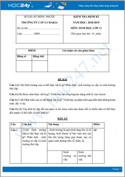 Đề kiểm tra 1 tiết HK2 môn Sinh học lớp 11 năm 2019 - Trường PT cấp 2-3 ĐAKIA có đáp án