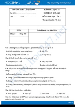 Đề kiểm tra 1 tiết Chương I môn Sinh học lớp 11 năm 2020 - Trường THPT Lê Quý Đôn có đáp án