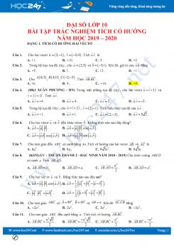 Bài tập trắc nghiệm tích vô hướng và ứng dụng môn Toán lớp 10 năm 2020